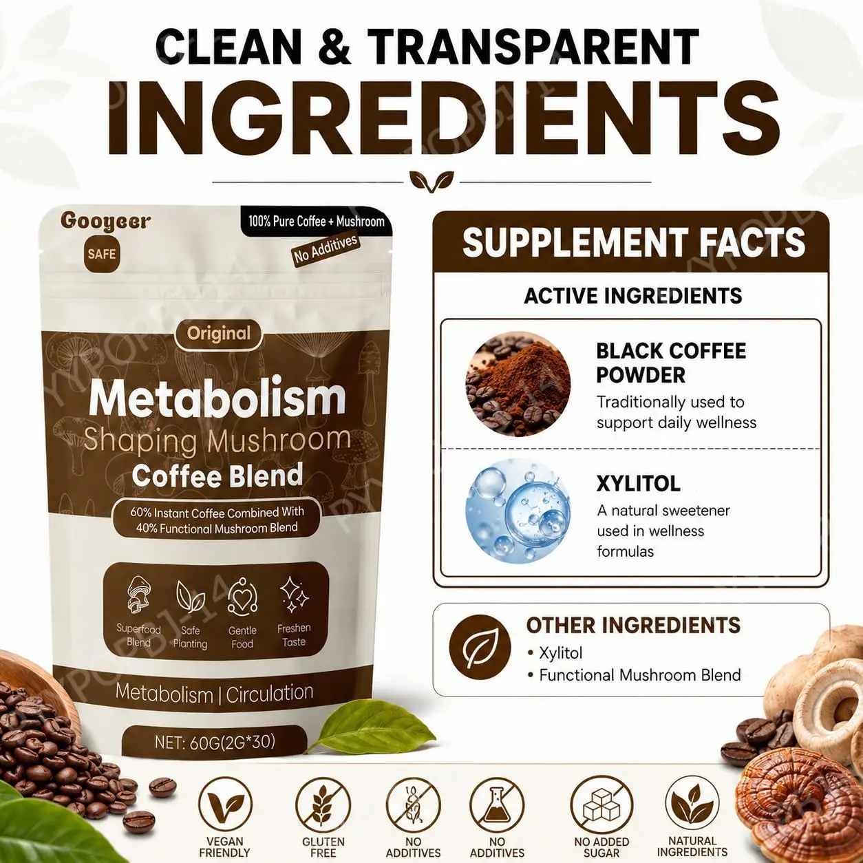 Googeer Original Metabolism Shaping Mushroom Blend Powder Supplement with Xylitol, No Additives, Gentle Formula 60g (2g X 30)