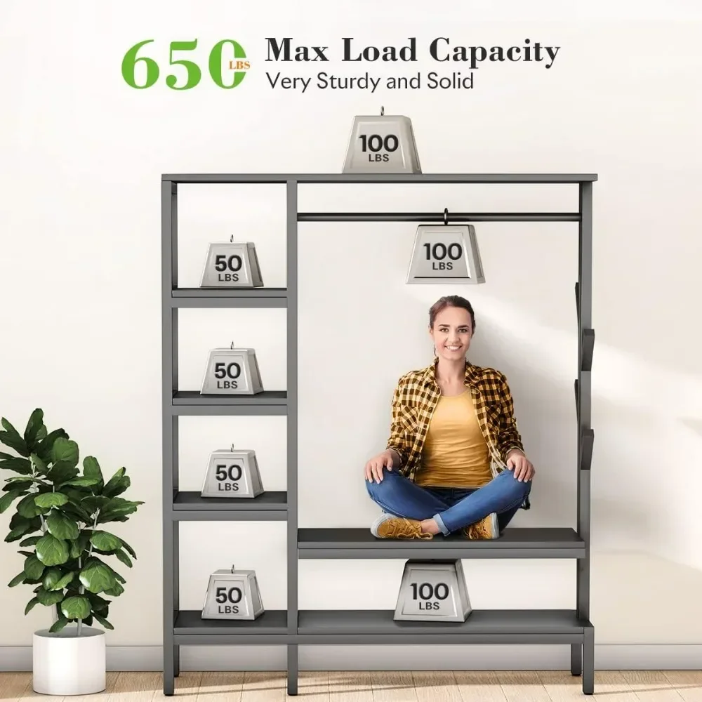 650lbs Capacity Free Standing Closet Organizer with 6 Metal Shelves and Coat Rack Heavy Duty Clothing Rack for Hanging Clothes