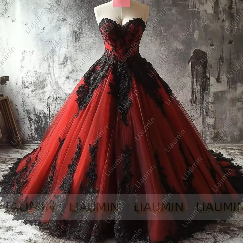 

Новые красные и черные тюлевые кружевные аппликации без бретелек полная длина вечерние свадебные вечерние платья для выпускного вечера по индивидуальному заказу ручной работы W19.16.6