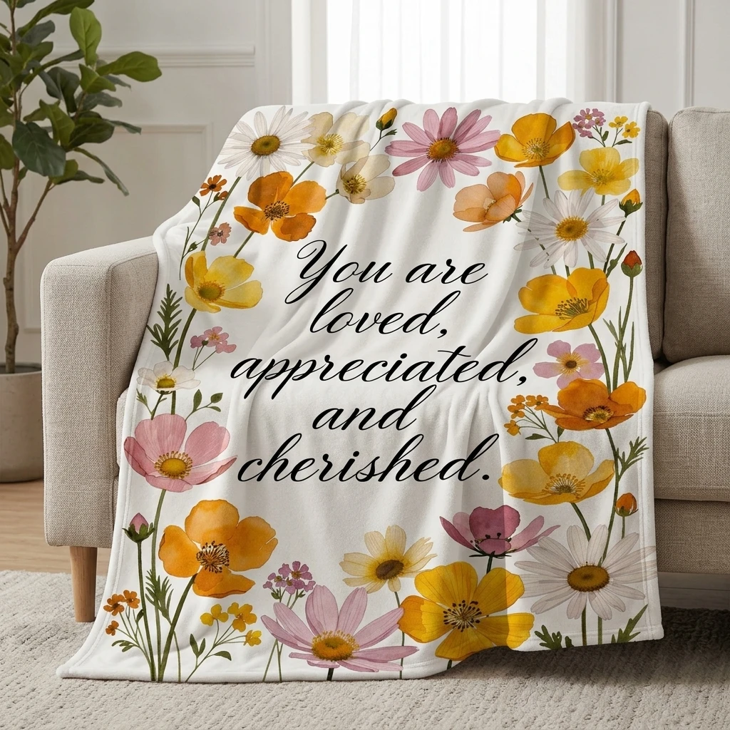 

Watercolor Daisy & Poppy Quote Flannel Throw Blanket, Cozy Warm Appreciation Throw Blanket for Home