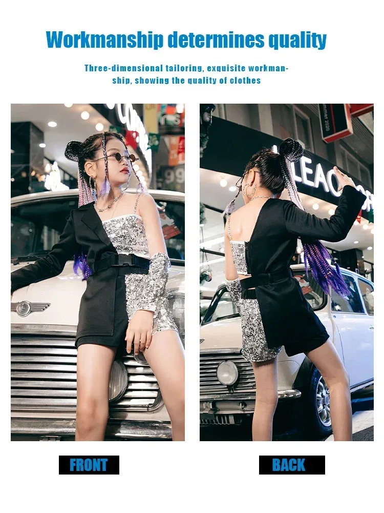 Ropa de calle para niñas, diseño Y2K, moda única, espectáculo de danza, pasarela, lentejuelas, trajes k-pop, actuación, Jazz negro, escenario plateado
