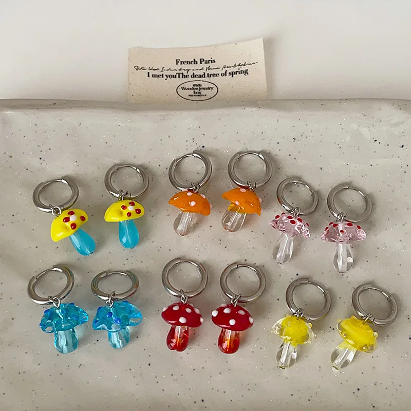 

Funny Contrast Color Coloured Glaze Crystal Mushroom Hoop Earrings for Women Silver Plated Metal Holiday Casual Jewelry