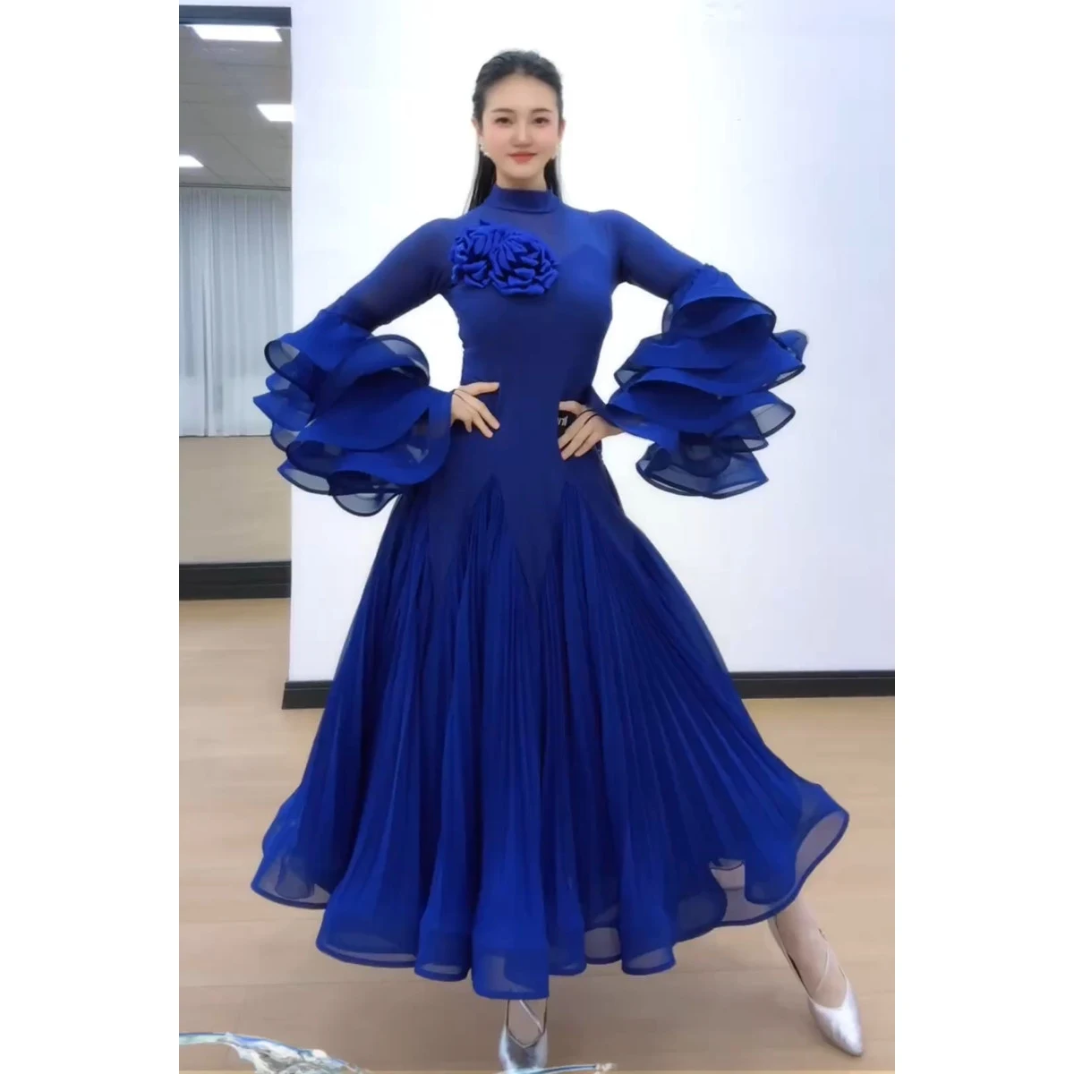 Blue Flowers Ballroom Dance Dress Women Standard Waltz Tango Dance Competition Clothing Pleated Long Dress Prom Costume BL20122