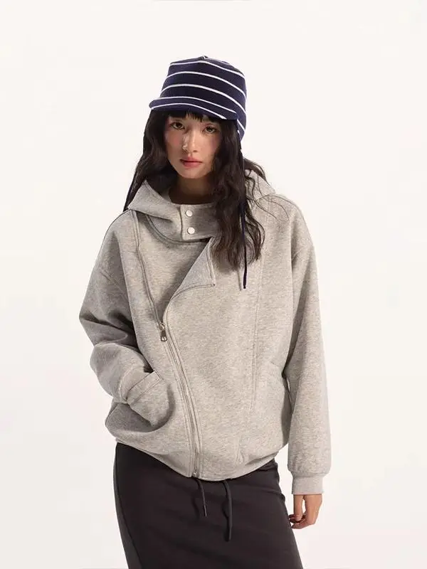 

Американский ретро-худи в стиле High Street с двойной молнией, асимметричный, весенне-осенний, плотный, с капюшоном, кардиган-куртка