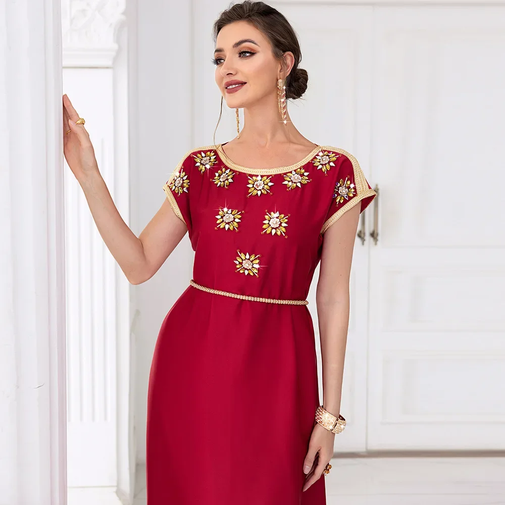 

Muslim Abaya Dress Hand Seam Drill Dubai Ramadan Satin Short Sleeve Casual Loose Robe Moroccan Caftan Dresses for Women Vestidos