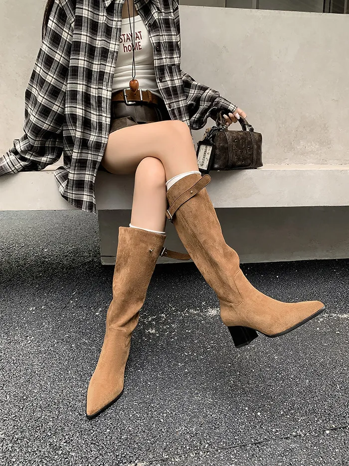 Botas retro holgadas hasta la rodilla para mujer, botas vaqueras de ante sintético, punta afilada, tacón grueso, cinturón con hebilla, botas de moda para mujer, para fiestas.