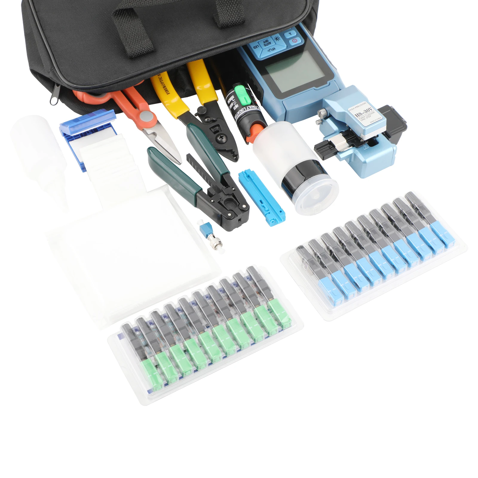 مجموعة أدوات إنهاء وتنظيف وتختبار الألياف الضوئية (11/12/14/15 قطعة في 1) لمشاريع FTTH جهاز اختبار الألياف الضوئية والمحول وما إلى ذلك.