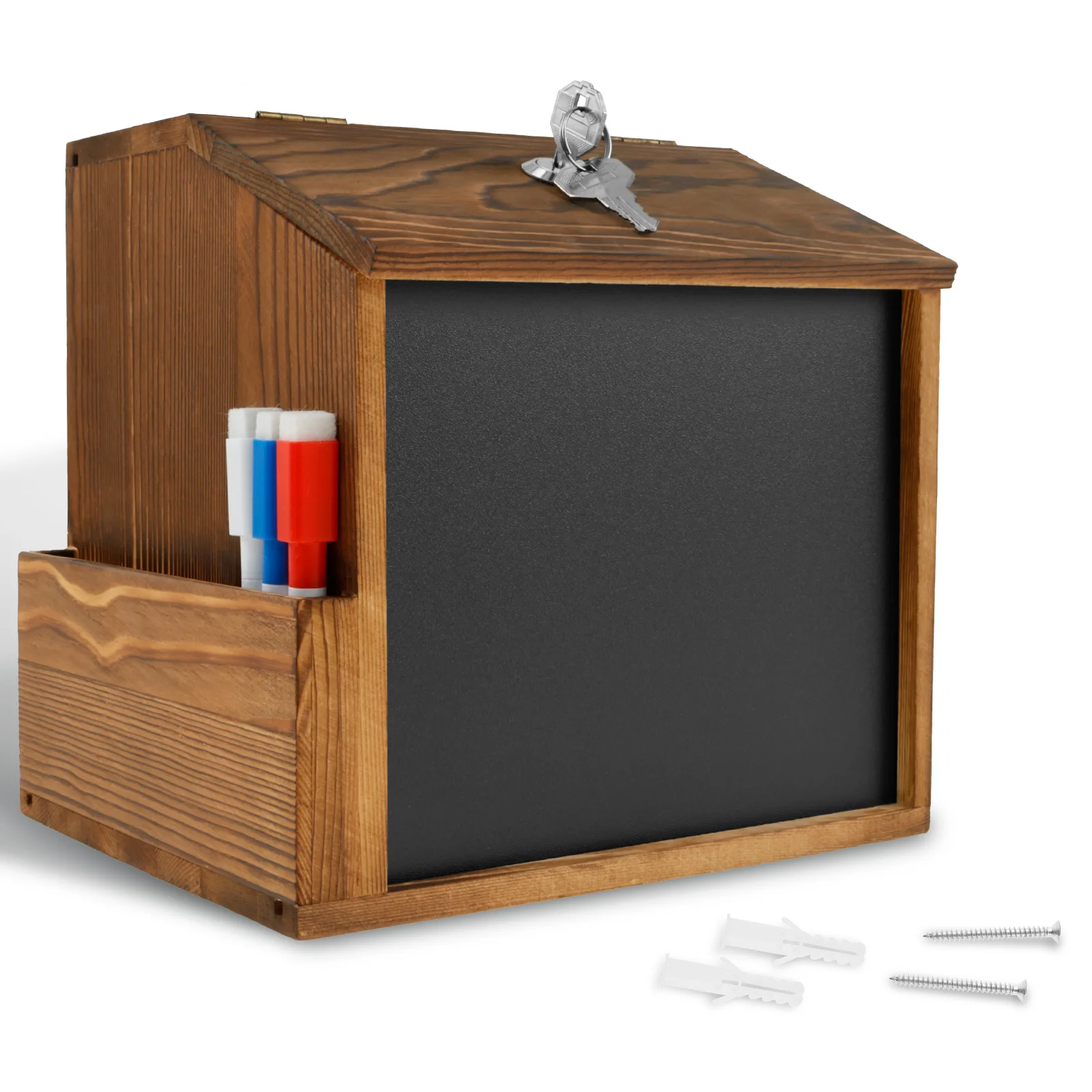 Wood Suggestion Box Wall Mounted Ballot Box Vintage Donation Box with Slot, Lock,Chalkboard Multifunctional for Church Wedding