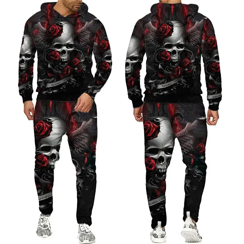 Sweat à capuche Skull Horror pour hommes, pull surdimensionné, impression 3D, ensemble sportif, olympiques décontractés vintage pour enfants, nouveau, automne, 2 pièces