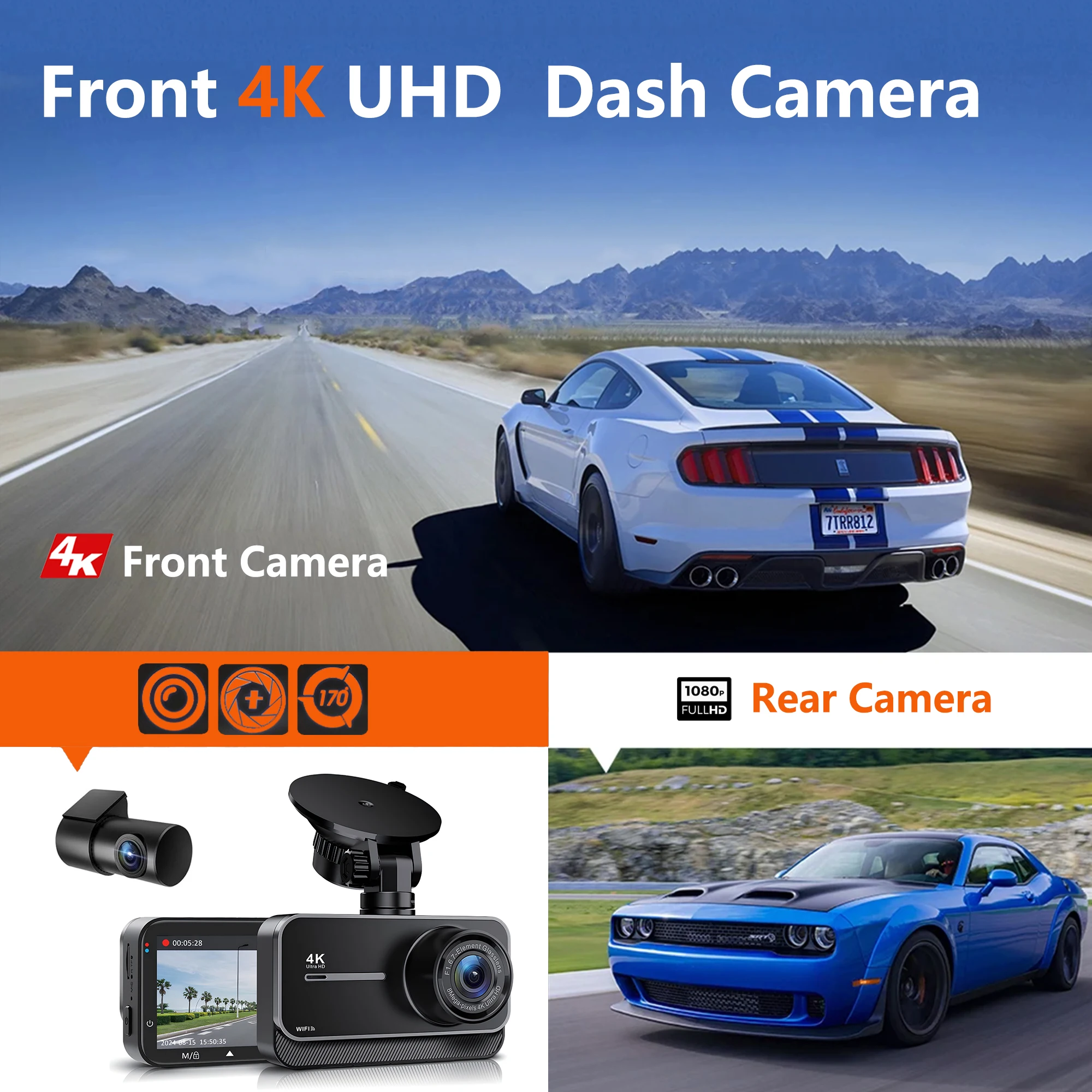 4K WiFi Dual Dash Cam Real 4K Optional rear/ cabin cam Installation 3