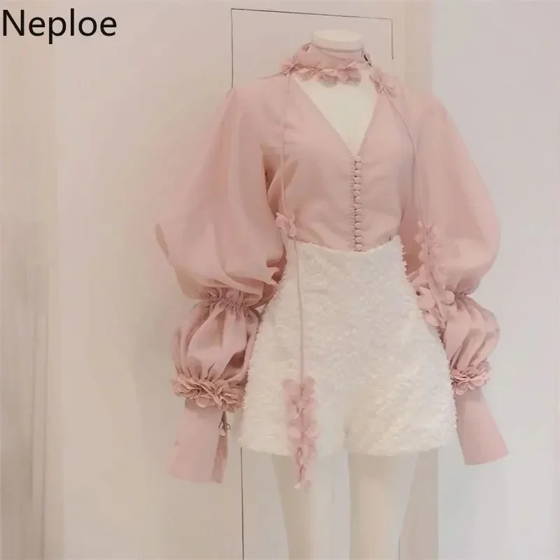 Neploe Pink Bowknot Blouses 2024 Summer French Fragrance Style Blusas Femme Chic Sweet Gentle Solid Color Long-Sleeve Shirts