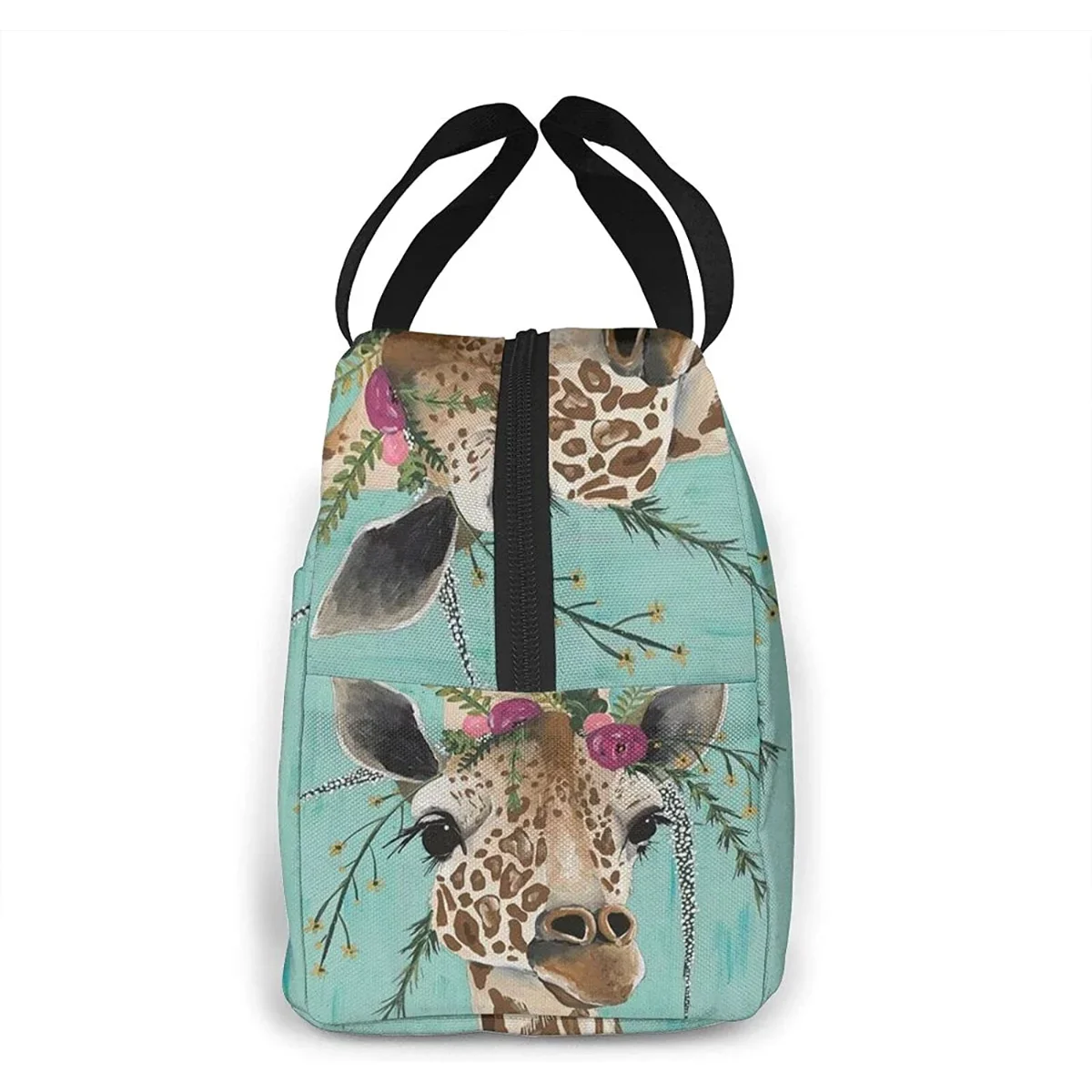 Giraffe With Floral Headpiece Lunch Box Reusable Insulated Lunch Bag Cooler Tote Box With Front Pocket Zipper Closure Women Men