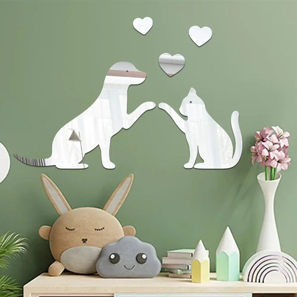 Cartoon love cat and dog acrylic mirror wall paste living room bedroom bedside decoration bathroom tile self-adhesive wall decor