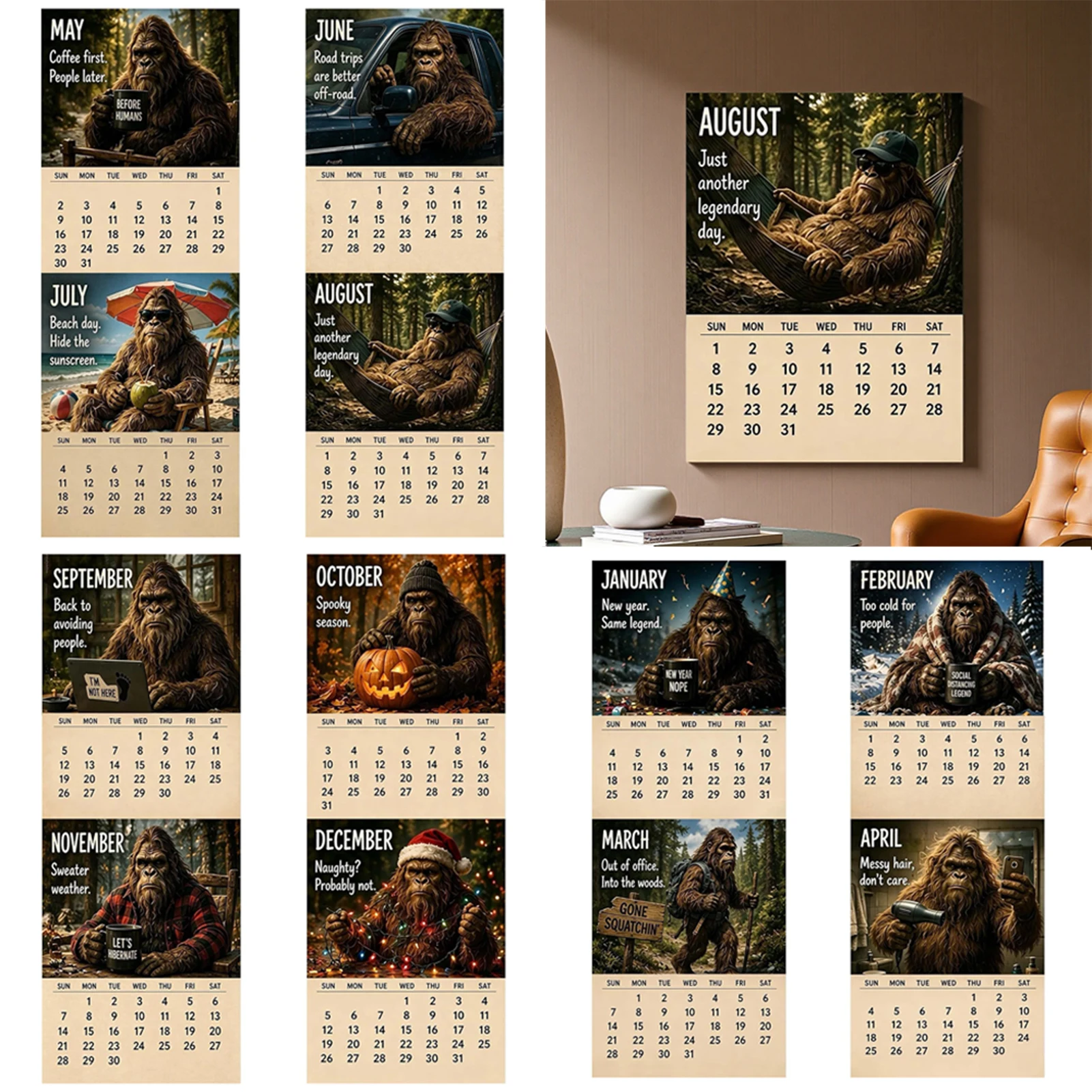 2027-calendario-da-vida-diaria-do-bigfeet-sasquatch-monthlys-planejador-de-parede-premium-papel-grosso-evita-sangramento-de-tinta-cabines-aconchegantes-decoracao-de-parede