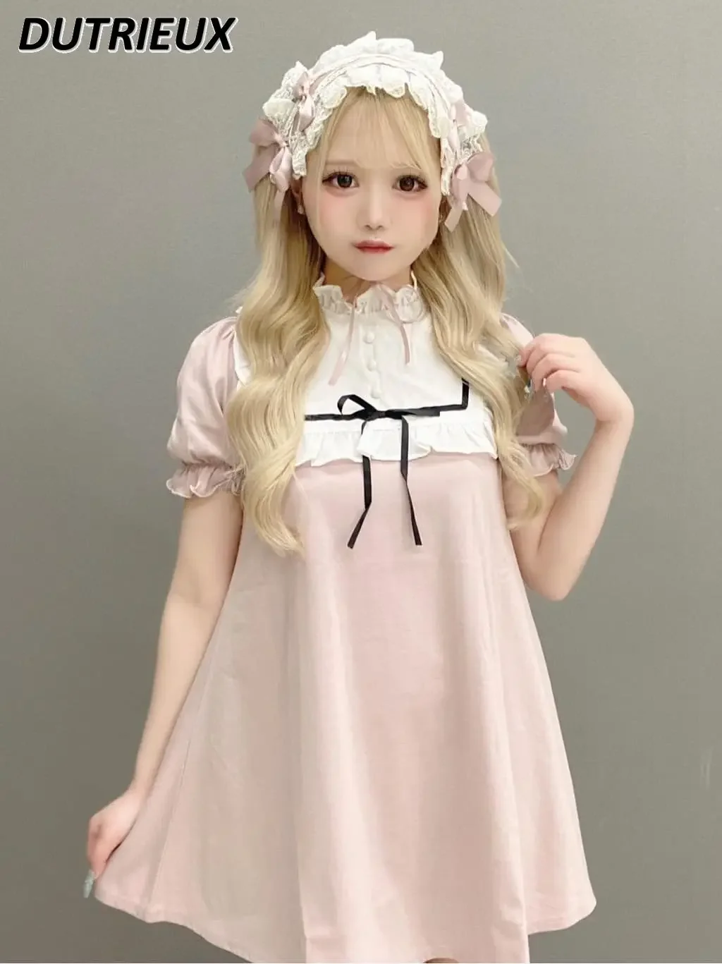 

Japanese Mine Sweet Lotus Leaf Stand Collar Dress Summer Girls Bow Puff Short Sleeve Large Swing Color-Matching Dresses