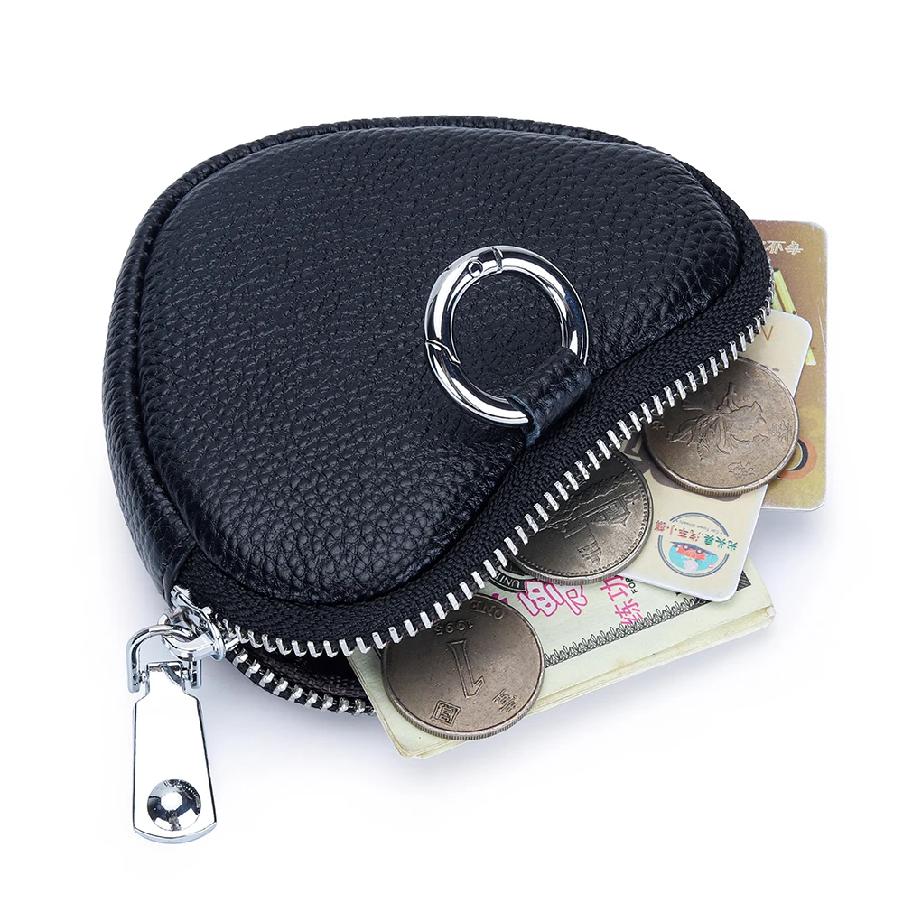 Zipper Pouch Keychain Black Red Heart Small Pouch with Zipper Mini Coin Purse Luxury Genuine Leather Change Purses with Keyring