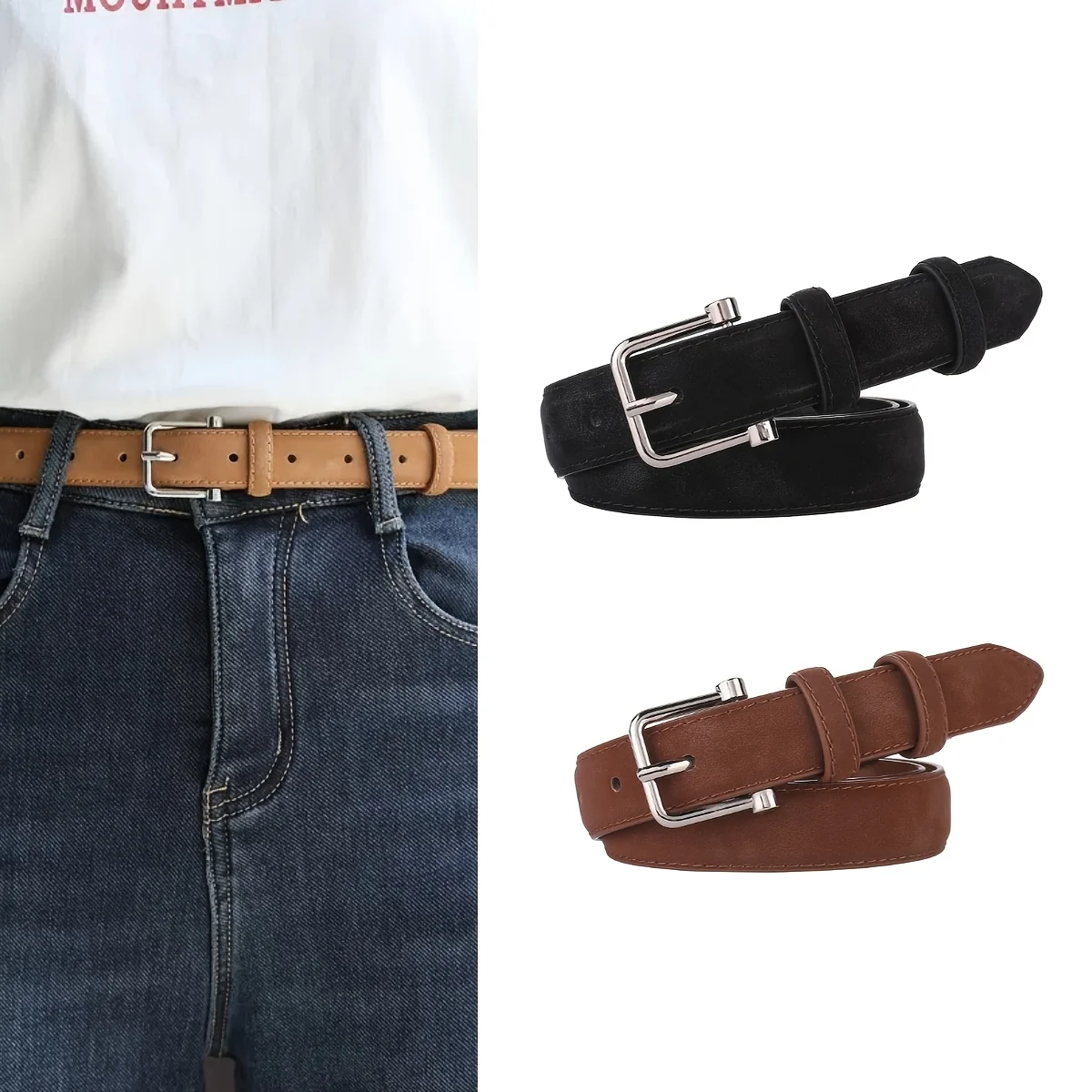 

Ремень из натуральной замши из воловьей кожи для женщин, модный ремень с металлической пряжкой в стиле ретро, универсальный ремень для джинсов, брюк, офисный повседневный ремень
