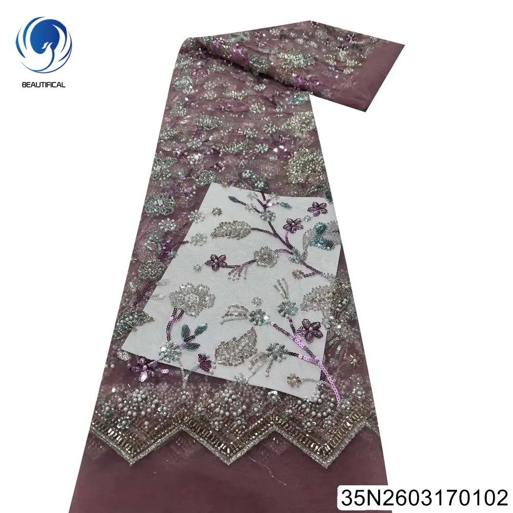 

2026 New Bright Multi-color African Lace Party Dress with Elegant Hand-embroidered Beaded and Sequined Fabric 35N26031701