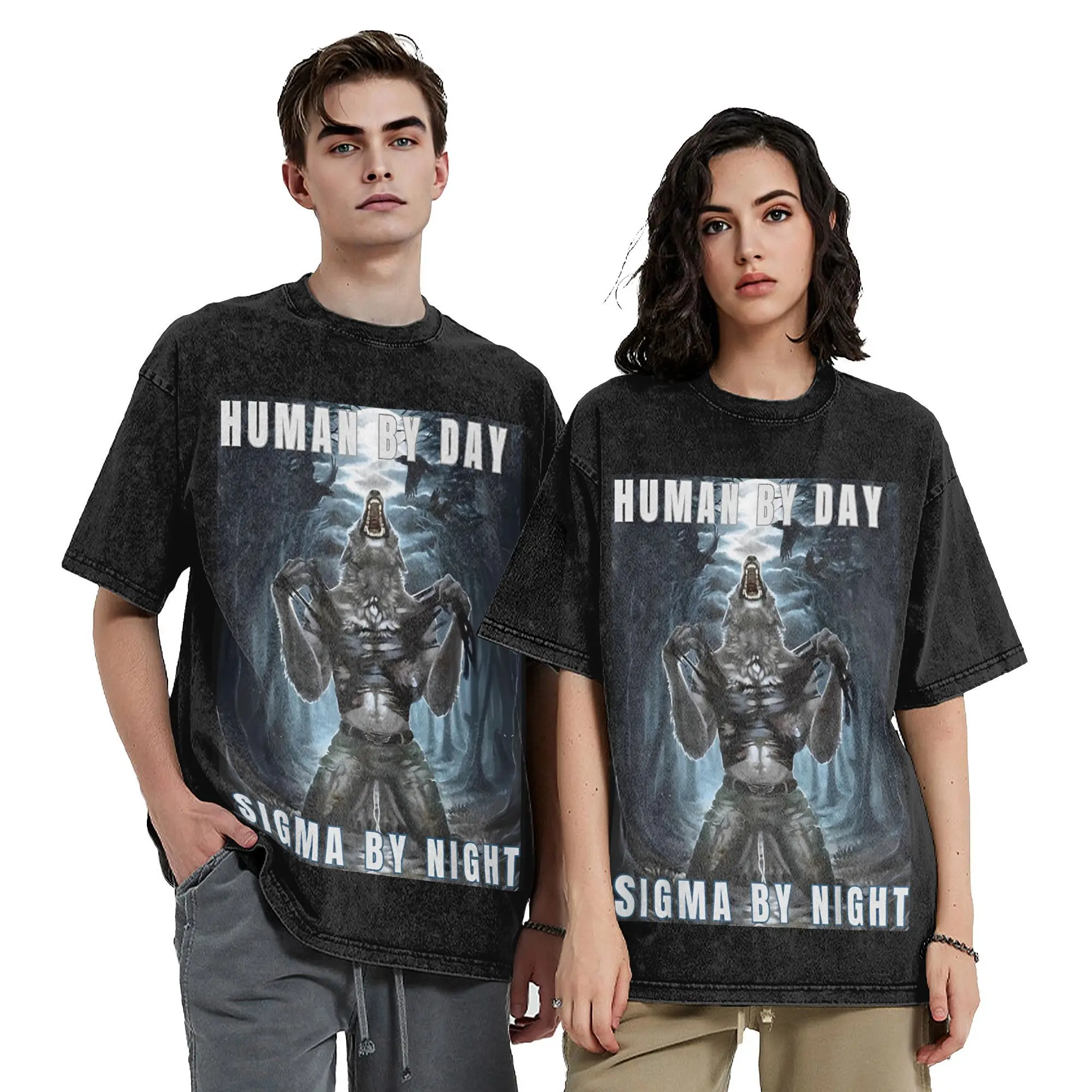 Harajuku Human By Day Sigma By Night Lover Wolf Meme Apparel T Shirt for Men Women  Washed Style Tee Shirts Clothes