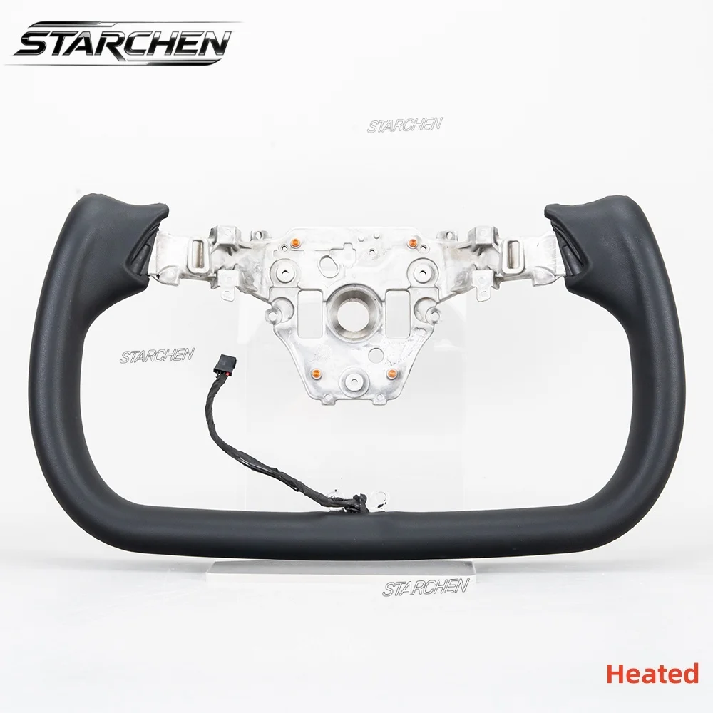 Heated Yoke Steering Wheel for Tesla Model Y Juniper 2025-2026 Refresh, Smooth Black Nappa Leather, Black Stitching, Retains OEM Heating, Not for 2020-2024