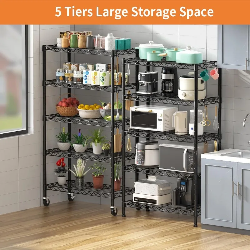 Metal Shelving Unit with Wheels, 5-tier Wire Shelving with Adjustable Shelves for Storage, Freestanding Heavy Duty Metal Wire