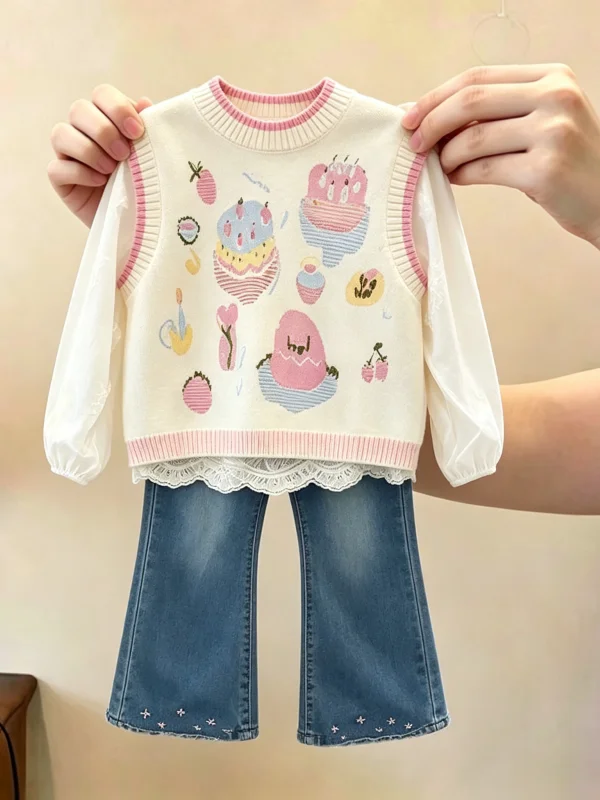 Girls' Autumn Knitted Print Vest Wide Leg Jeans Set Cute Casual Three Piece Suit for Ages 17 And below Pure E-commerce Item