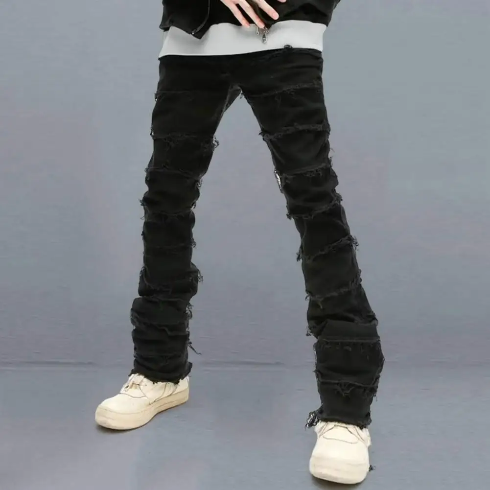 Men Black Jeans Burr Edge Detail Black Trousers Hip Hop Streetwear Men's Slim Fit Ripped Denim Pants with Burr Edge Solid Color