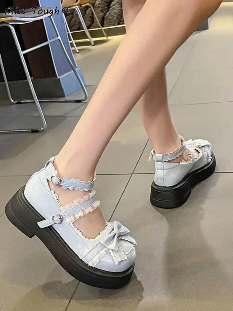 2022 Summer Lolita Sweet Sandals Women Japanese Style Bow Kawaii Cute Mary Janes Shoes Lace Buckle Design Round Toe Casual Shoes