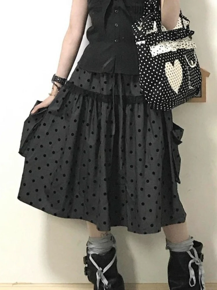 Women 2000 Vintage Y2k Aesthetic Polka Dot Skirt American Retro Cute Gray Skirts Female Sweet Hottie Fashion Lace Skirt New