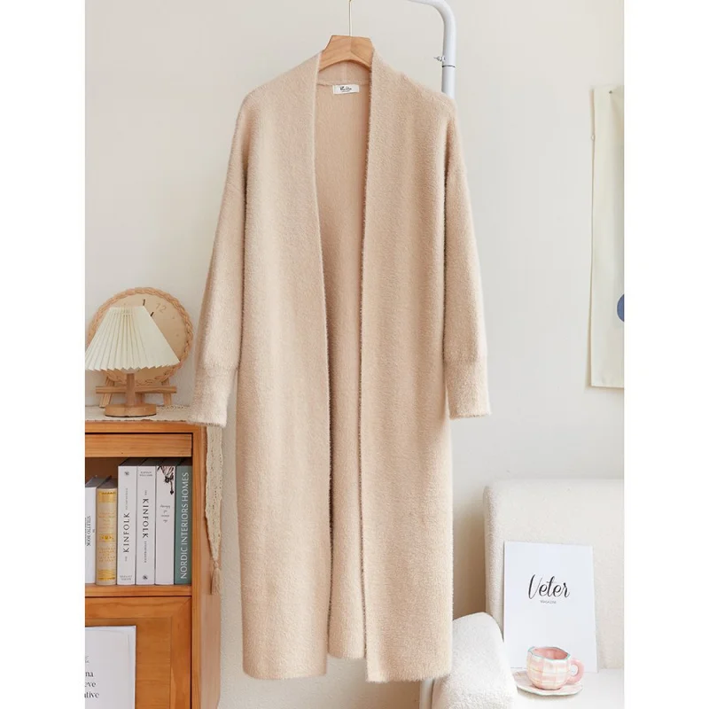 Imitation Mink Long Women's Idle Style over-the-Knee Sweater Cardigan Thick 2024 Autumn New Coat