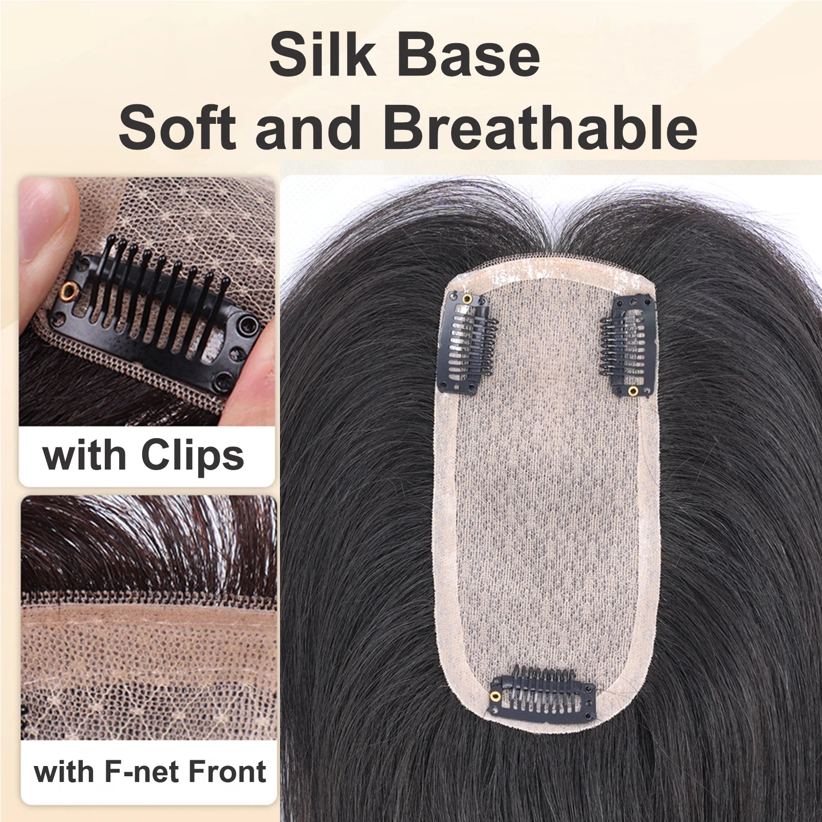 Real Remy Human Hair ปิดเต็มมือผูก Topper กับ Bangs 7x15 ซม.ผ้าไหมด้านบนพร้อมคลิปสีดําธรรมชาตินุ่ม Breathable