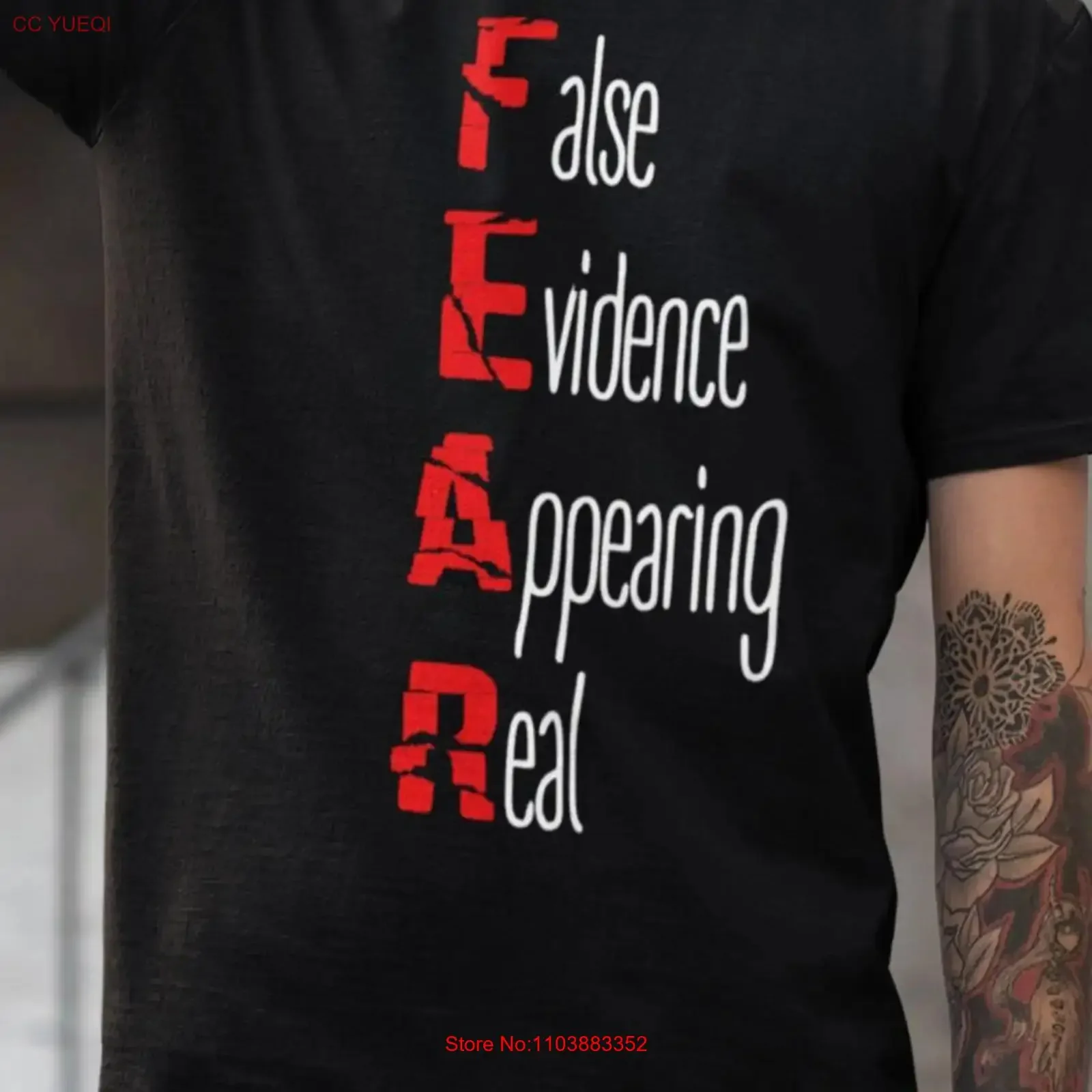 Camiseta motivacional Fear False Evidence que aparece, vintage, lavada, versátil, ligeramente transpirable, estirada, gráfico de moda