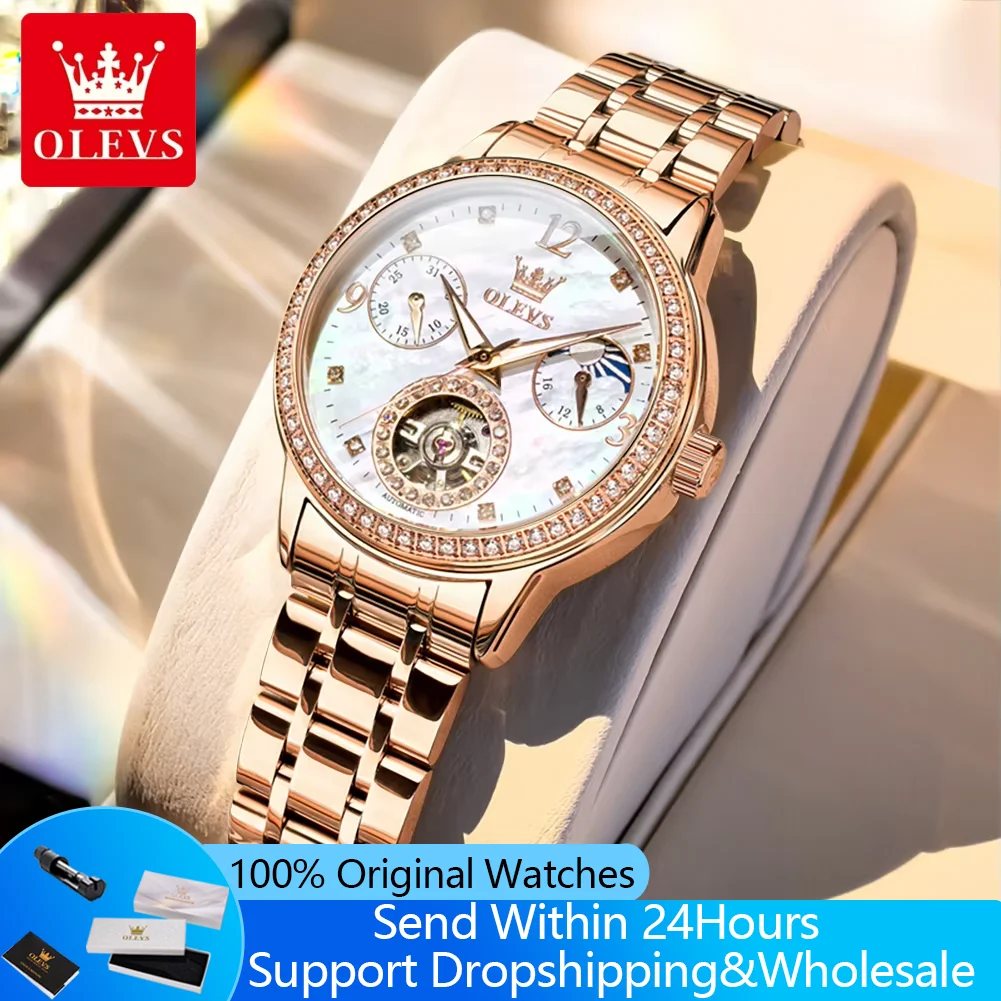 OLEVS 6750 Watches for Women Diamond Bezel Moon Phase Chronograph Waterproof Elegant Luxury Ladies Automatic Mechanical Watches