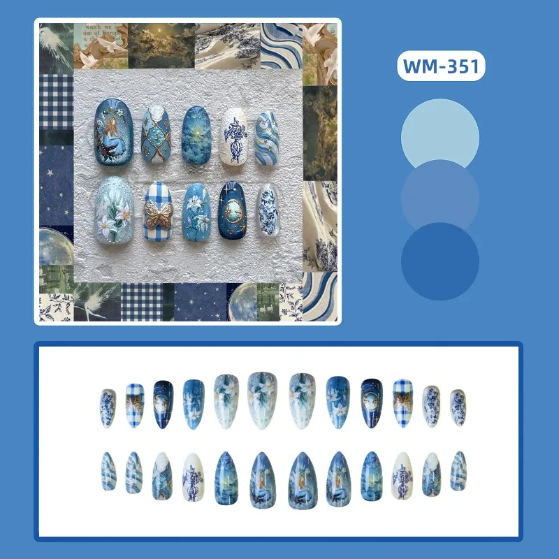 24Pcs Fake Nails Almond-Shaped Blue Gentle & Elegant Floral Mystique Press-On Nail Tips Perfect Gift for Women or Friends