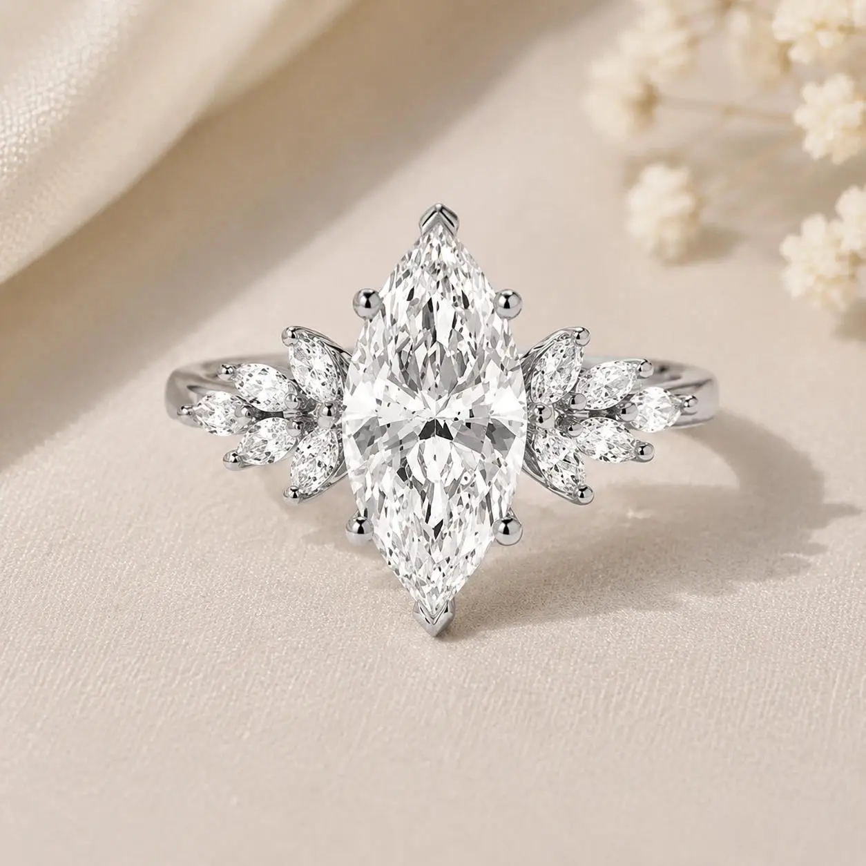 Elegant Wing‑Style IGI 2 Carat Marquise Lab Grown Diamond Cluster Engagement Ring Platinum950 EF VS Bridal Anniversary Jewelry