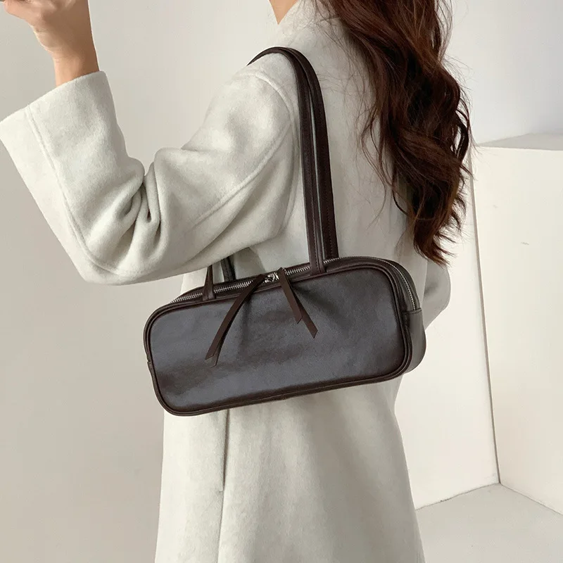 FIRMRANCH Retro Matte Genuine Leather Simple Solid Color Light Luxury Women's One Shoulder Underarm Bag French Stick Bag Purse