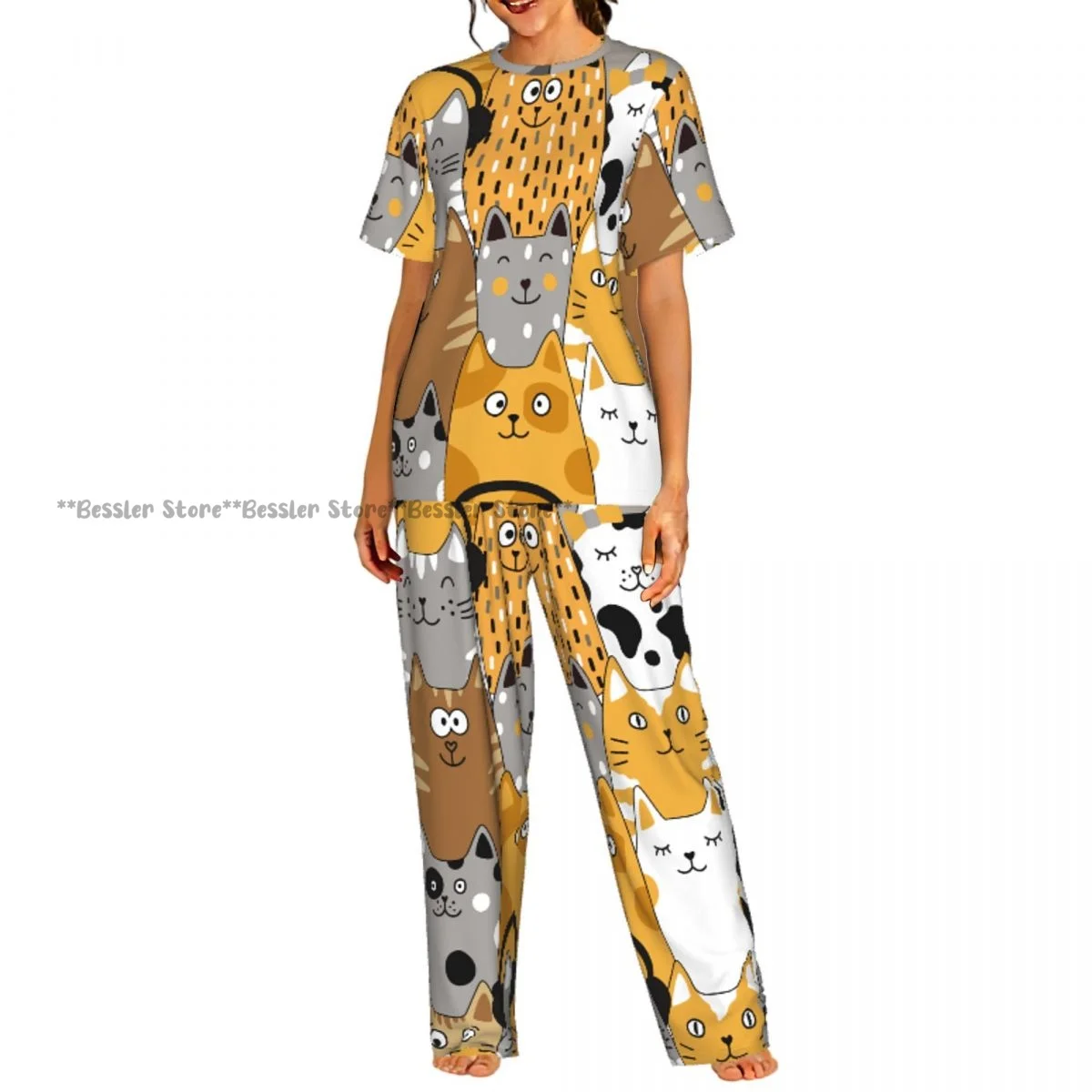 

Women's Comfort Pajamas Women's Funny Cats And Fish Short Sleeve Set Sleepwear