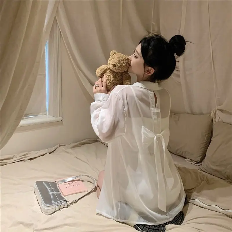 Pink White Shirt Thin Long Sleeve Sunscreen Shirt Women Fashion Bow Button Casual Vacation Beach Shirts Loose Tops Trendy New