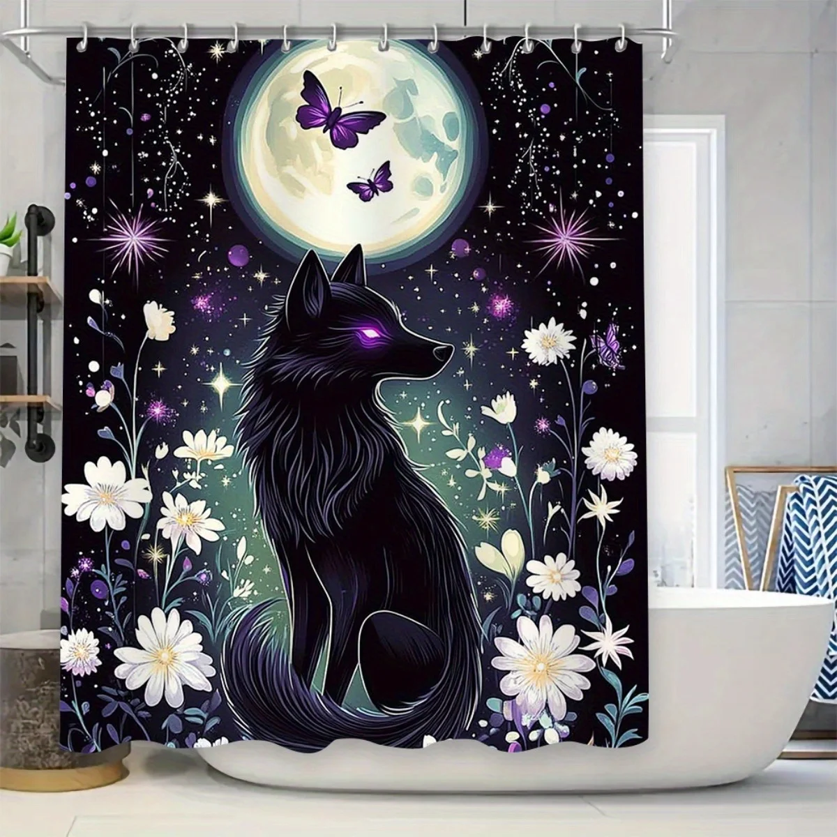 4pcs Magical Luxurious High Quality Shower Curtain with Matching Non-Slip Bath Mat Set - Black Wolf and Moon Design for Bat