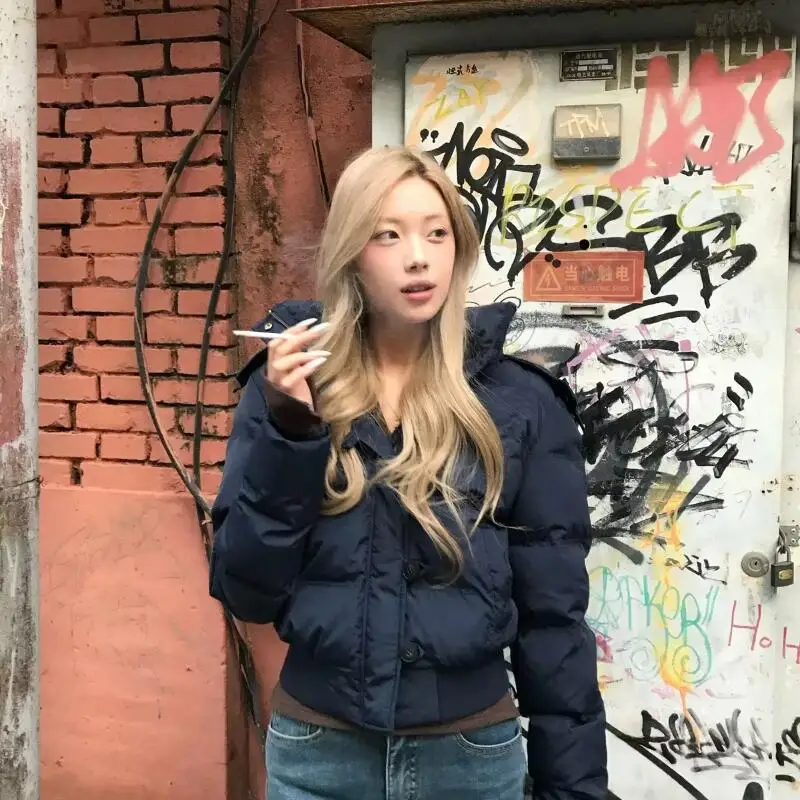 Veste rembourrée en coton pour fille, Version coréenne, épaisse, grand col en fourrure, à capuche, courte, amincissante, chaude, bouffante, hiver