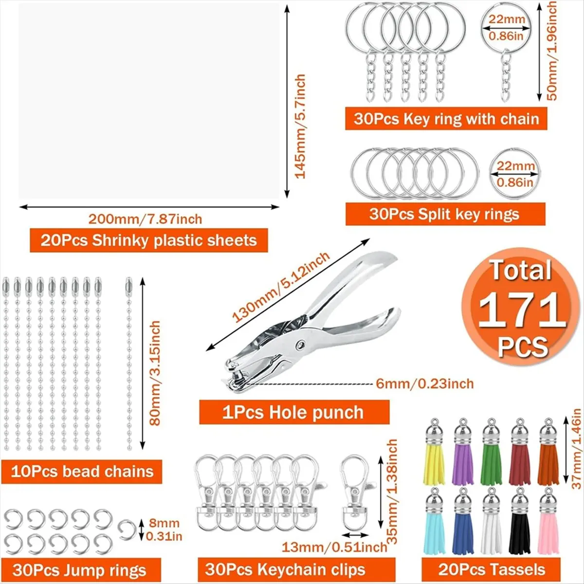 【BAAQ】 171 Pcs Shrinky Plastic Sheets Keychain Kit, with Key Chains Making Kit Key Rings, Tassels, Hole Punch for Keychains