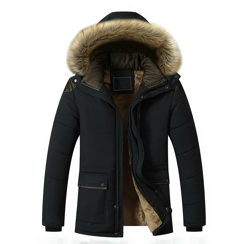 Manteau à col en fourrure en tissu velours pour hommes, veste en coton optique, parka longue à capuche surdimensionnée pour hommes, pardessus ingent, vêtements d'hiver, 4XL, 5XL