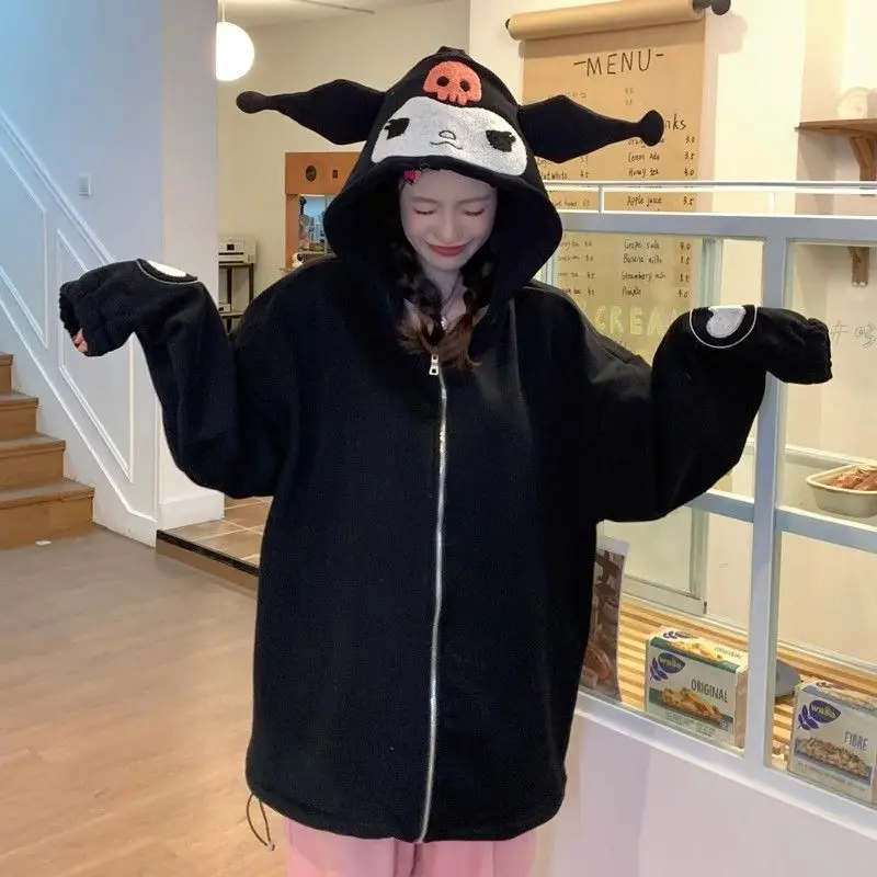 Sanrios Kuromi زمم هوديي النساء Y2K Kawaii المخملية سترة الرجال النساء الخريف الشتاء جديد فضفاض زوجين سترة سستة القمم العصرية