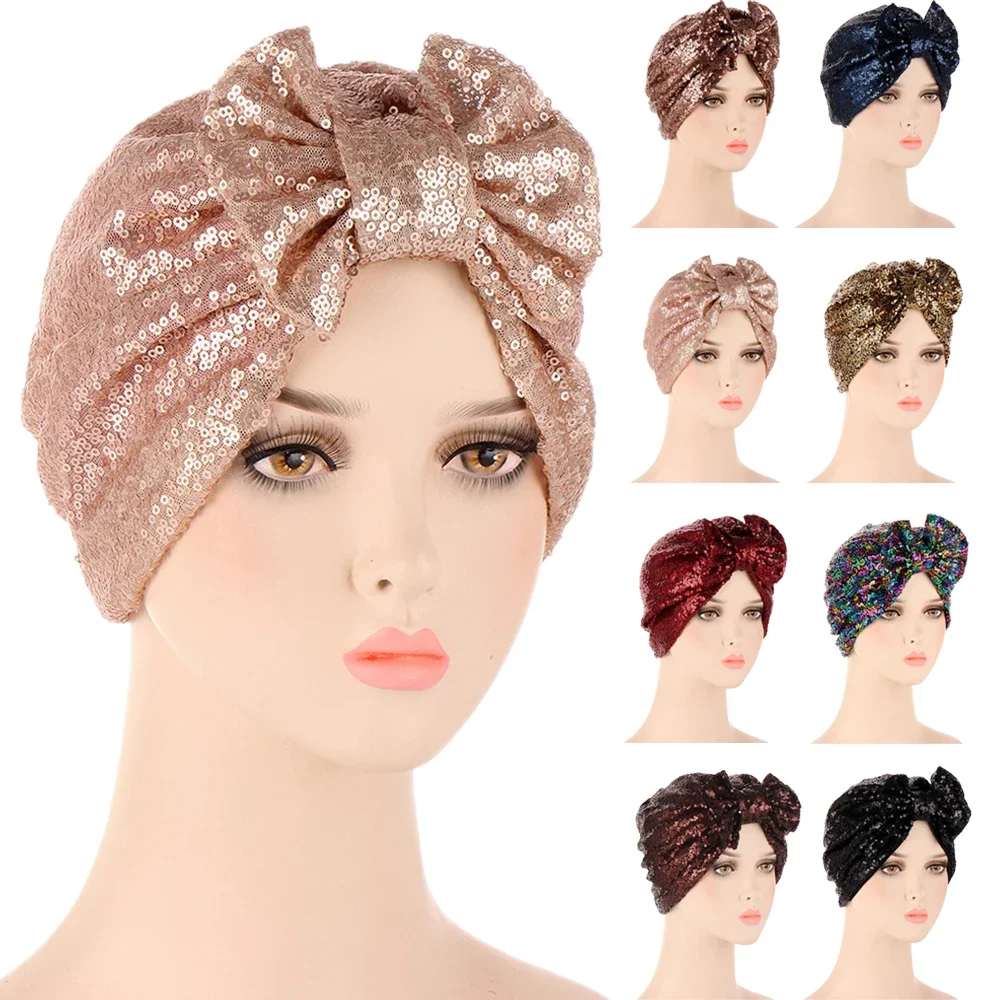 

Muslim Sequins Bonnet Women Bowknot Hijab Turban Hat Headwear Cap Head Wrap Chemo Beanies Bows Scarf Hair Loss Cover Accessories