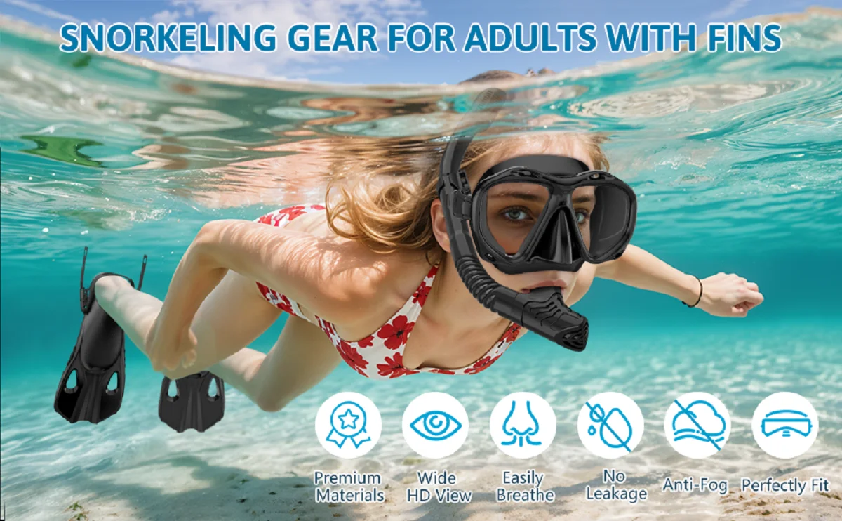 Maskenflossen, Schnorchelset, 4-in-1, Panoramablick, Trockenoberteil, verstellbar, kurze Tauchflossen, Reisetasche, Tauchausrüstung, Tauchen, Schwimmen, Erwachsene – Detail 6