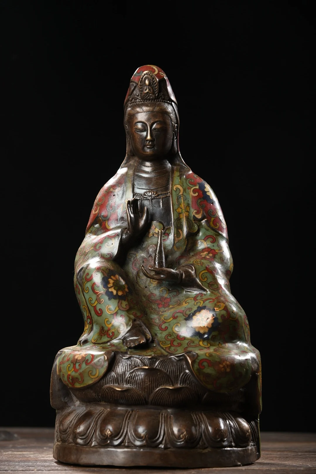 

15"Tibetan Temple Collection Bronze Cloisonne Enamel Clean Bottle Guanyin Bodhisattva lotus platform Worship Hall Town House