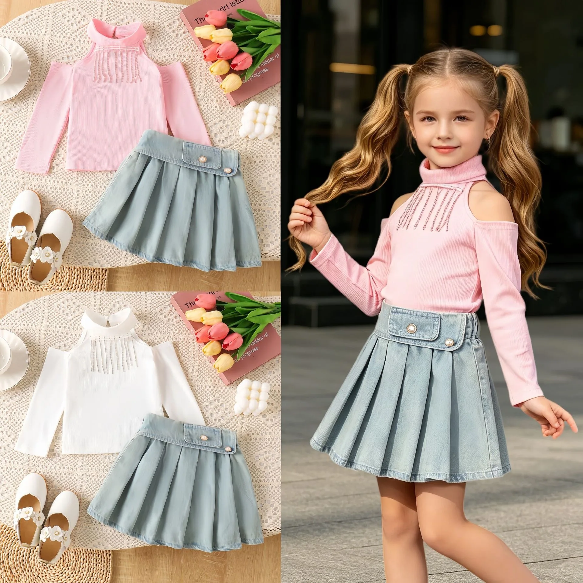 Summer New Hanging Neck Tassel Long Sleeve T-shirts Denim Pleated Skirt Gentle Temperament Girls Two Piece Set