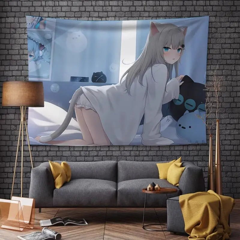 VIKAMA Cute Cat Ear Anime Girl Tapestry Blue Aesthetic Nekomimi Wall Hanging for Bedroom Otaku Room Decor
