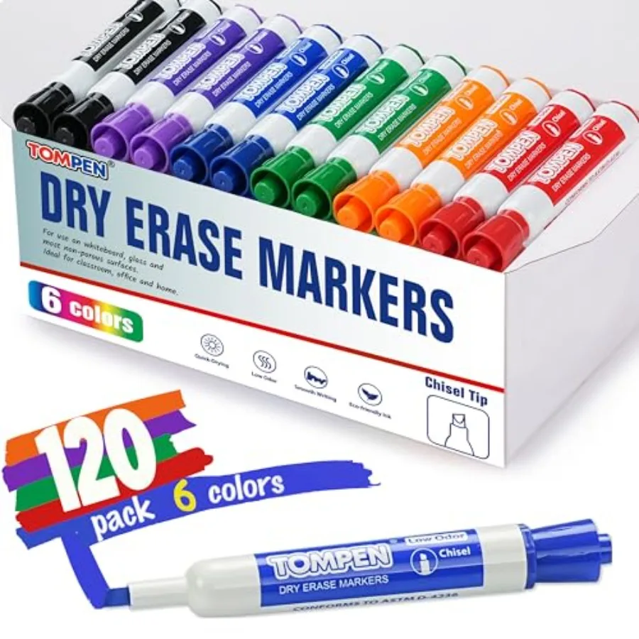 

Dry Erase Markers 120 Count 6 Assorted Colors, Chisel Tip Whiteboard Markers for Adults Teachers Gifts-Non-Toxic Low Odor, Bulk