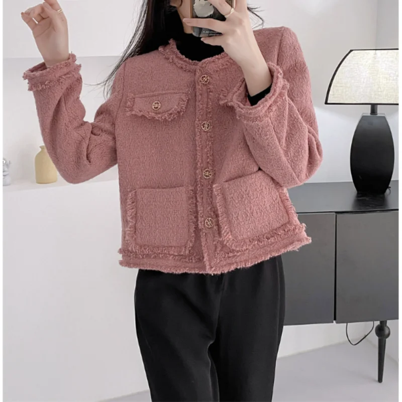 

Autumn Winter Pink Wool Tweed Coat Female Basic New Sweet Korea Fashion Small Fragrant French Tassel Women Short Jacket 1697